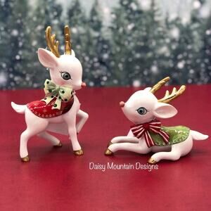 2 Retro Ceramic Christmas Deer White & Gold Reindeer December Diamonds Set NEW